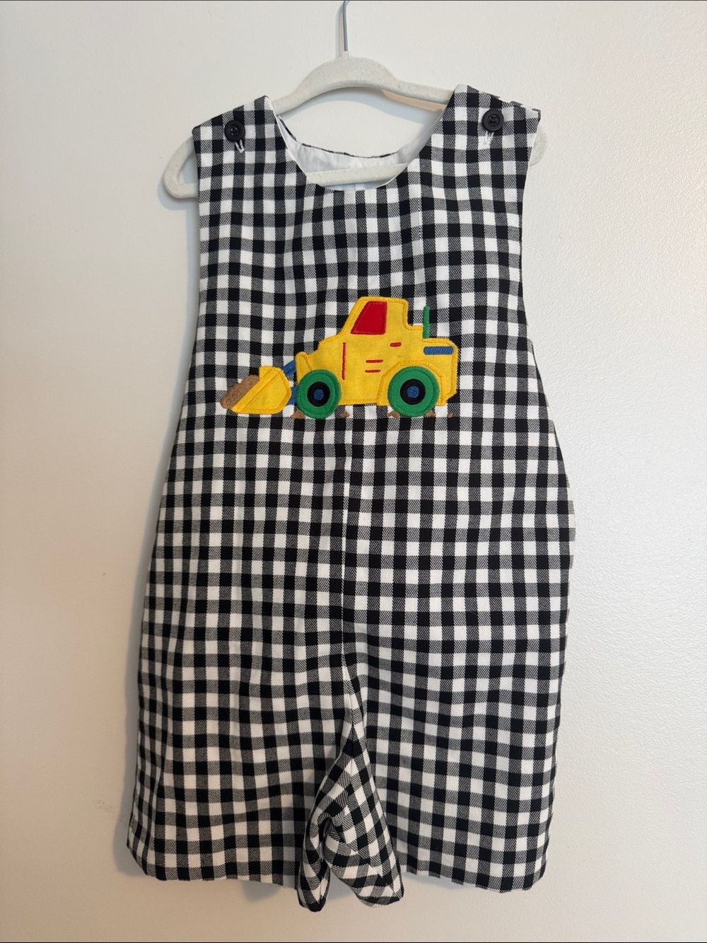 Vintage Black & White Gingham Baby Romper with Yellow Truck Applique